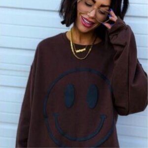 Dressed in LALA Brown Smiley Face Oversized Sweatshirt - L/XL